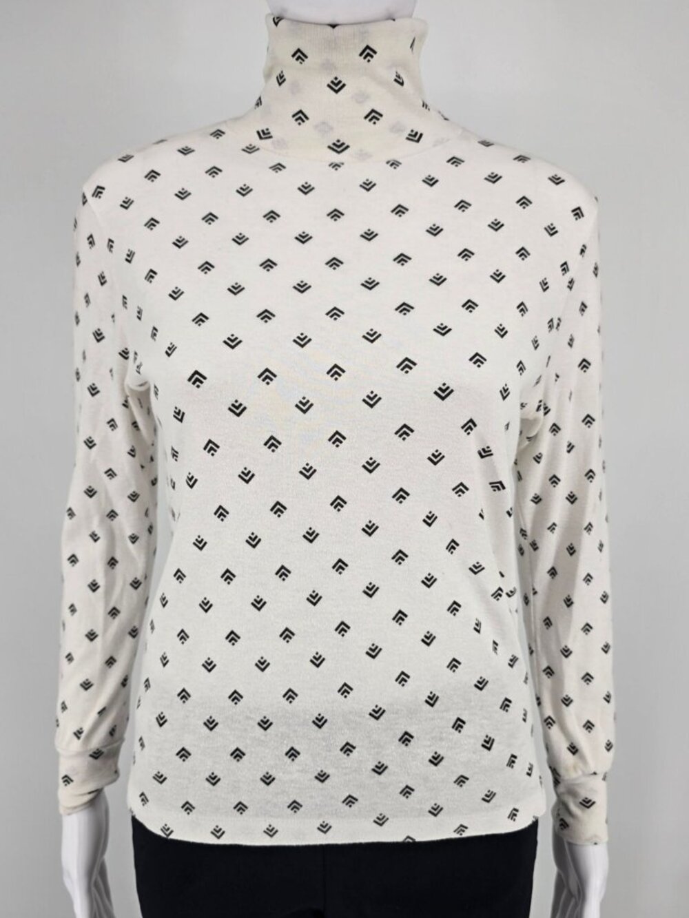 Vintage 1990s Justin Allen Ivory/Black Geometric Print Turtleneck Top (M) *Flaws